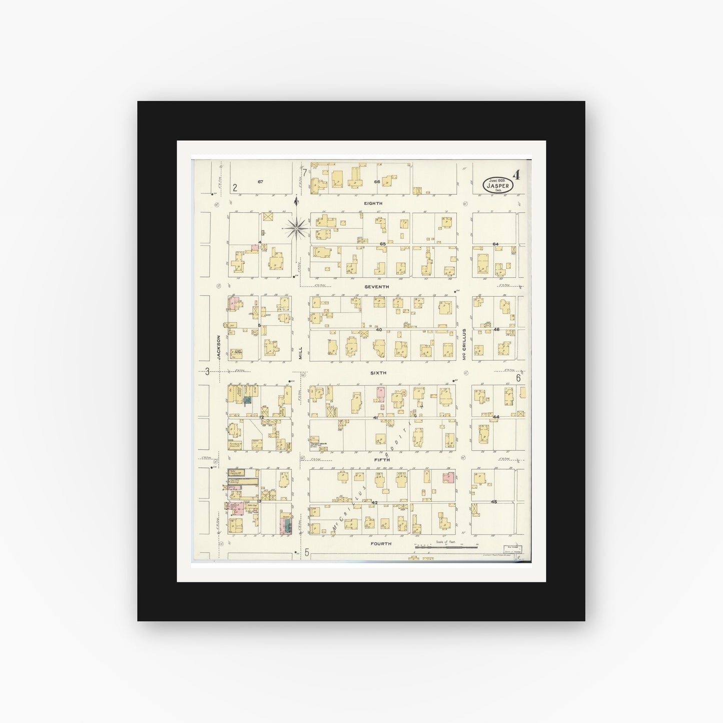 Old map wall art mockup — black gallery frame with white mat — Sanborn Fire Insurance Map from Jasper, Dubois County, Indiana (1909), Sheet #0004