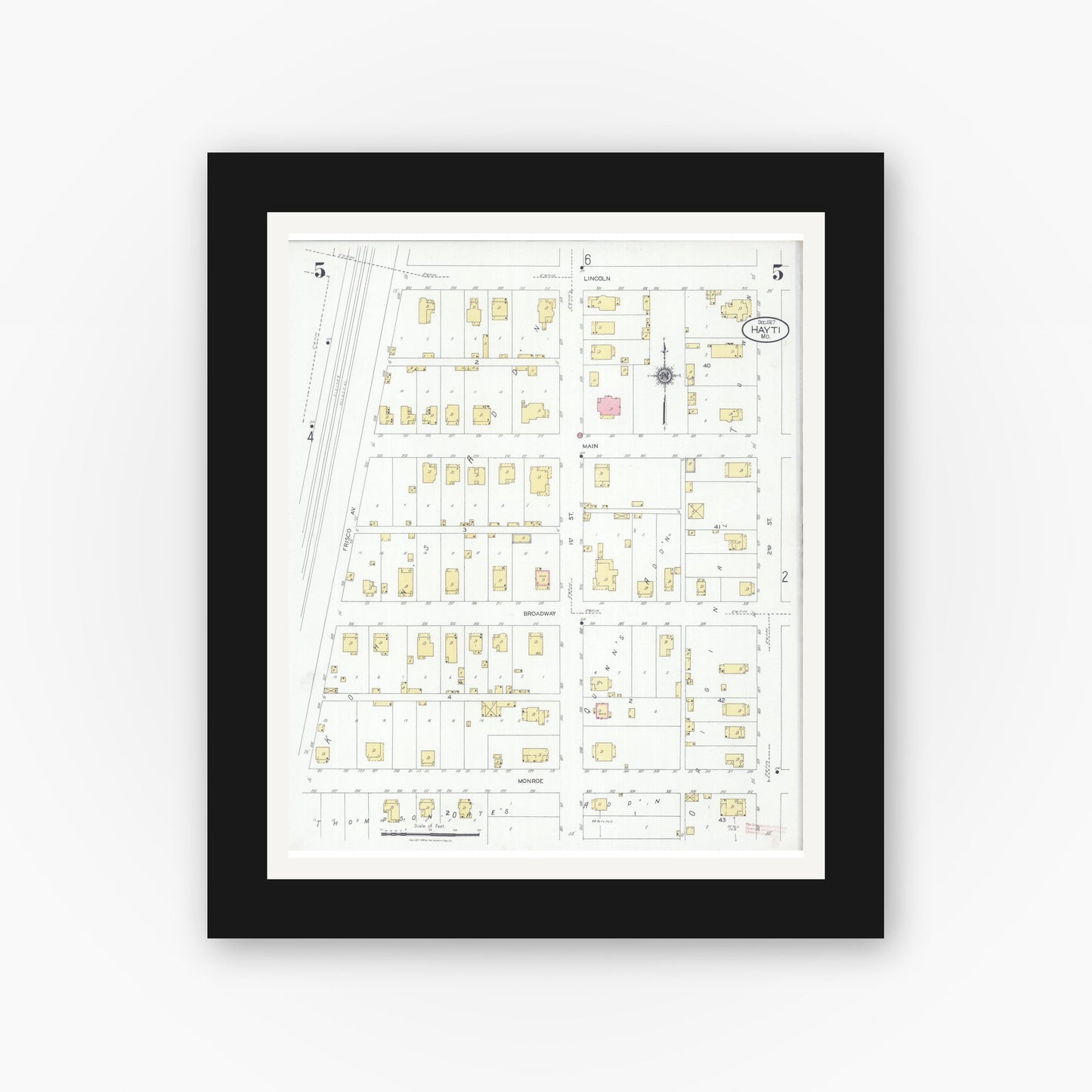 Old map wall art mockup — black gallery frame with white mat — Sanborn Fire Insurance Map from Hayti, Pemiscot County, Missouri (1927), Sheet #0005