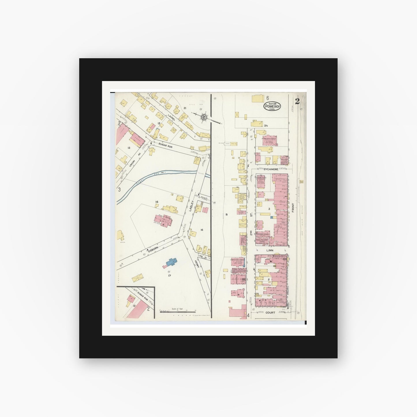 Old map wall art mockup — black gallery frame with white mat — Sanborn Fire Insurance Map from Pomeroy, Meigs County, Ohio (1916), Sheet #0002