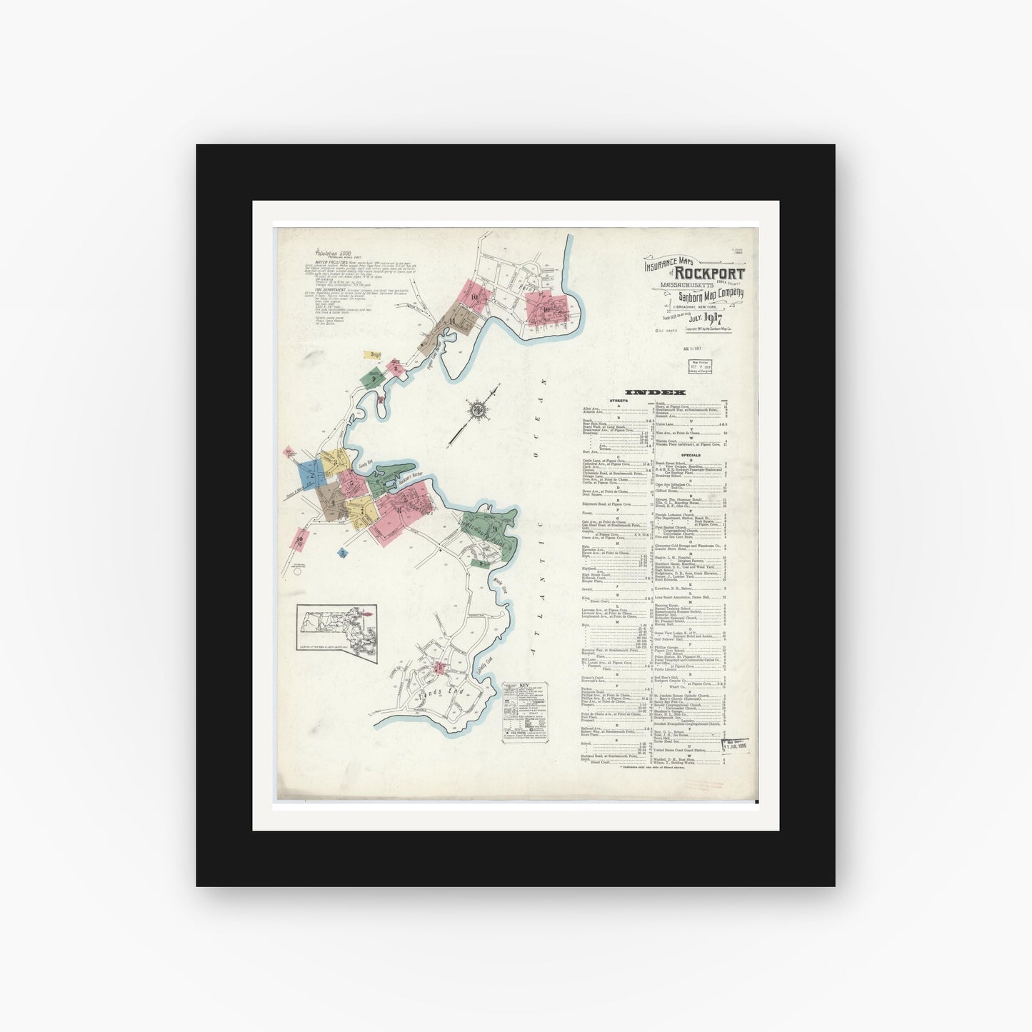 Old map wall art mockup — black gallery frame with white mat — Sanborn Fire Insurance Map from Rockport, Essex County, Massachusetts (1917) - Complete Map Set