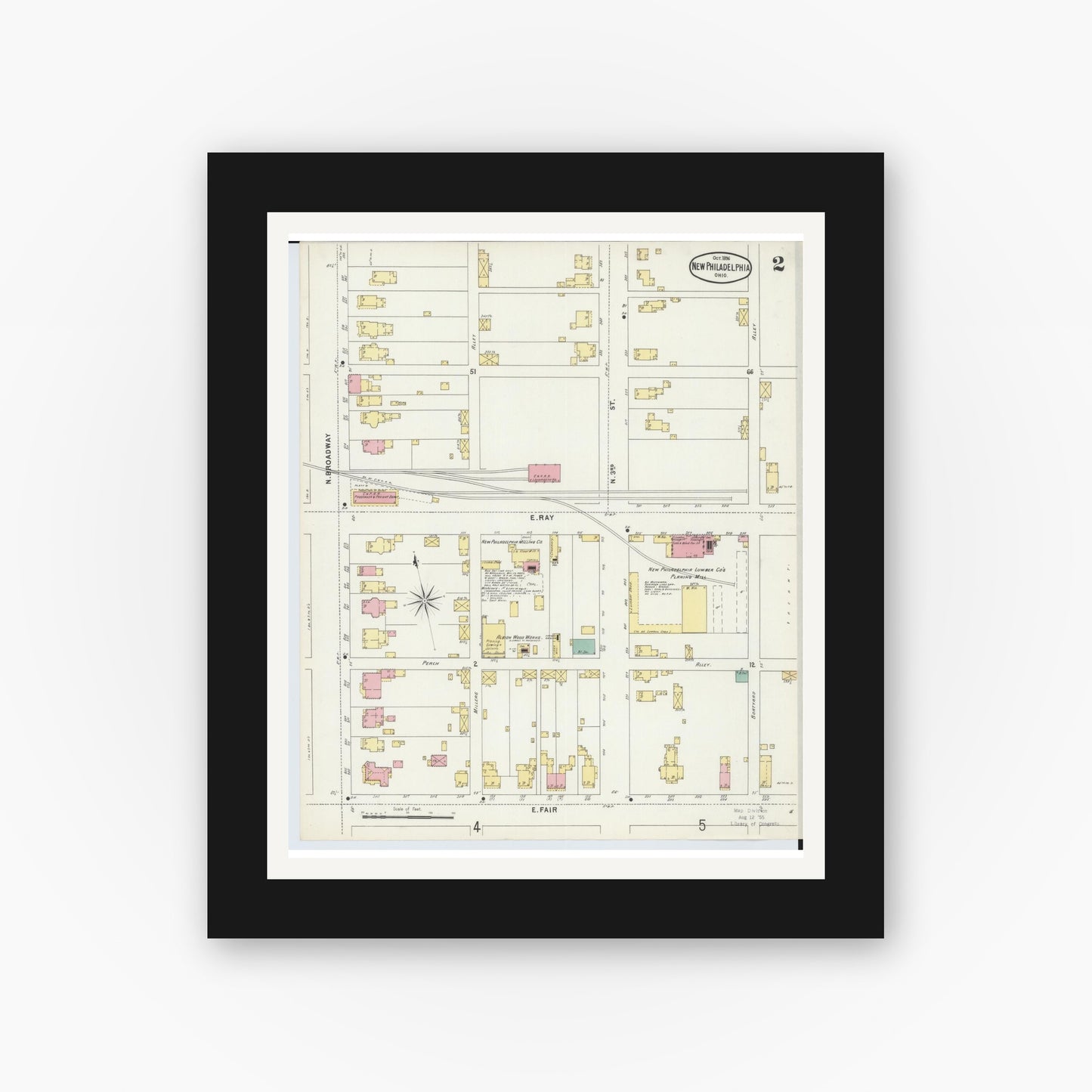 Old map wall art mockup — black gallery frame with white mat — Sanborn Fire Insurance Map from New Philadelphia, Tuscarawas County, Ohio (1896), Sheet #0002
