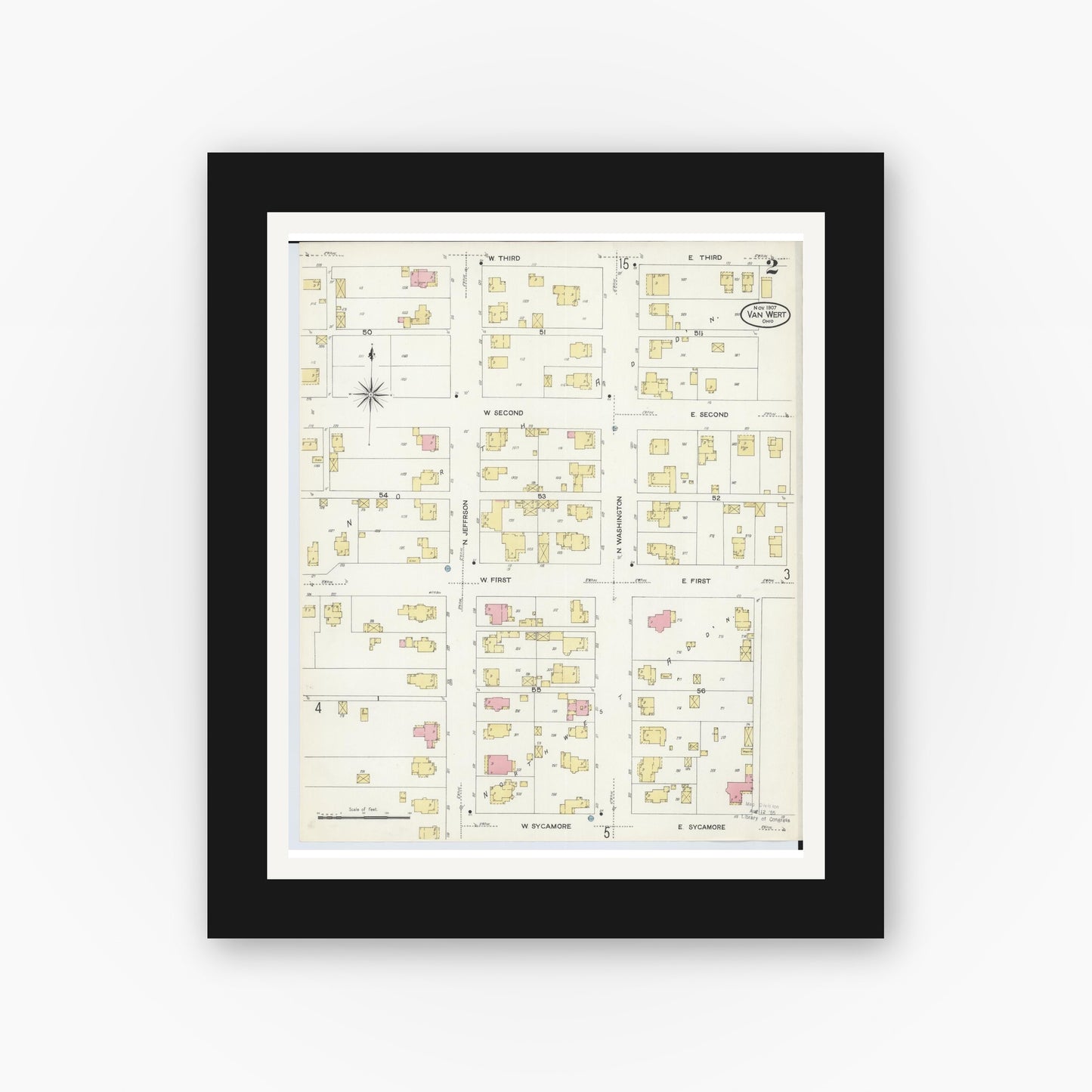 Old map wall art mockup — black gallery frame with white mat — Sanborn Fire Insurance Map from Van Wert, Van Wert County, Ohio (1907), Sheet #0002