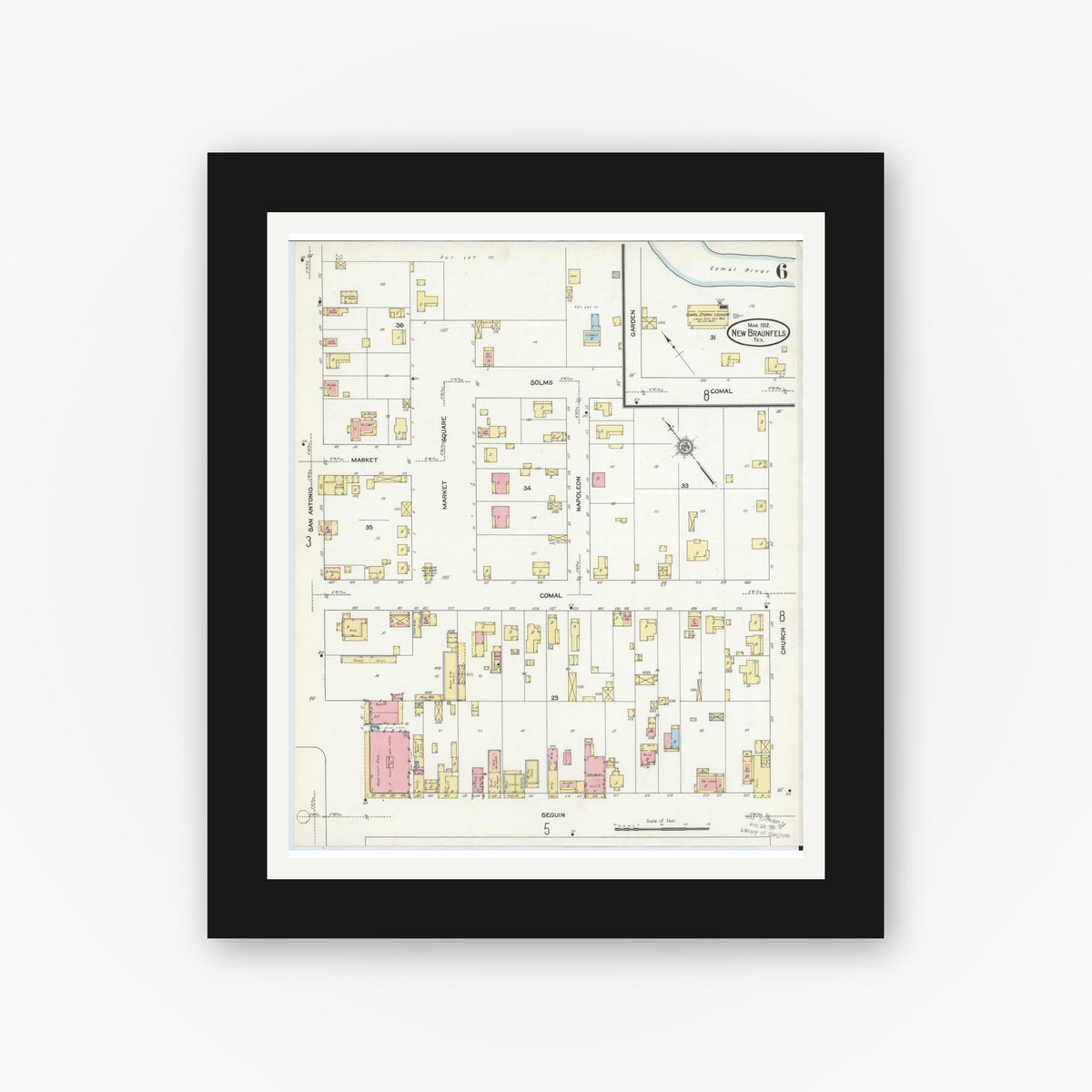 Old map wall art mockup — black gallery frame with white mat — Sanborn Fire Insurance Map from New Braunfels, Comal County, Texas (1912), Sheet #0006