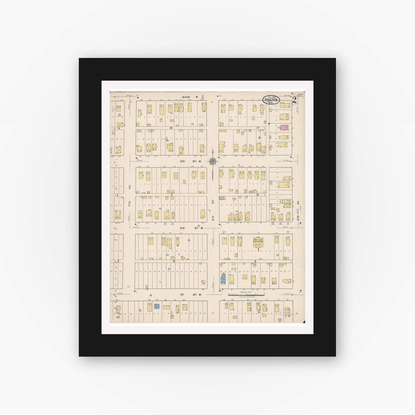 Old map wall art mockup — black gallery frame with white mat — Sanborn Fire Insurance Map from Proctor, Saint Louis County, Minnesota (1922), Sheet #0002