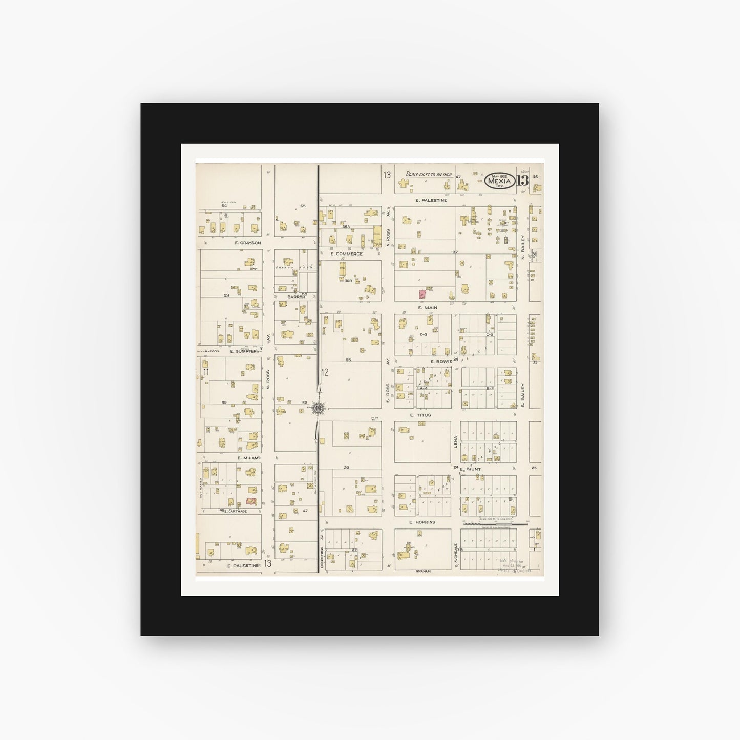Old map wall art mockup — black gallery frame with white mat — Sanborn Fire Insurance Map from Mexia, Limestone County, Texas (1922), Sheet #0013