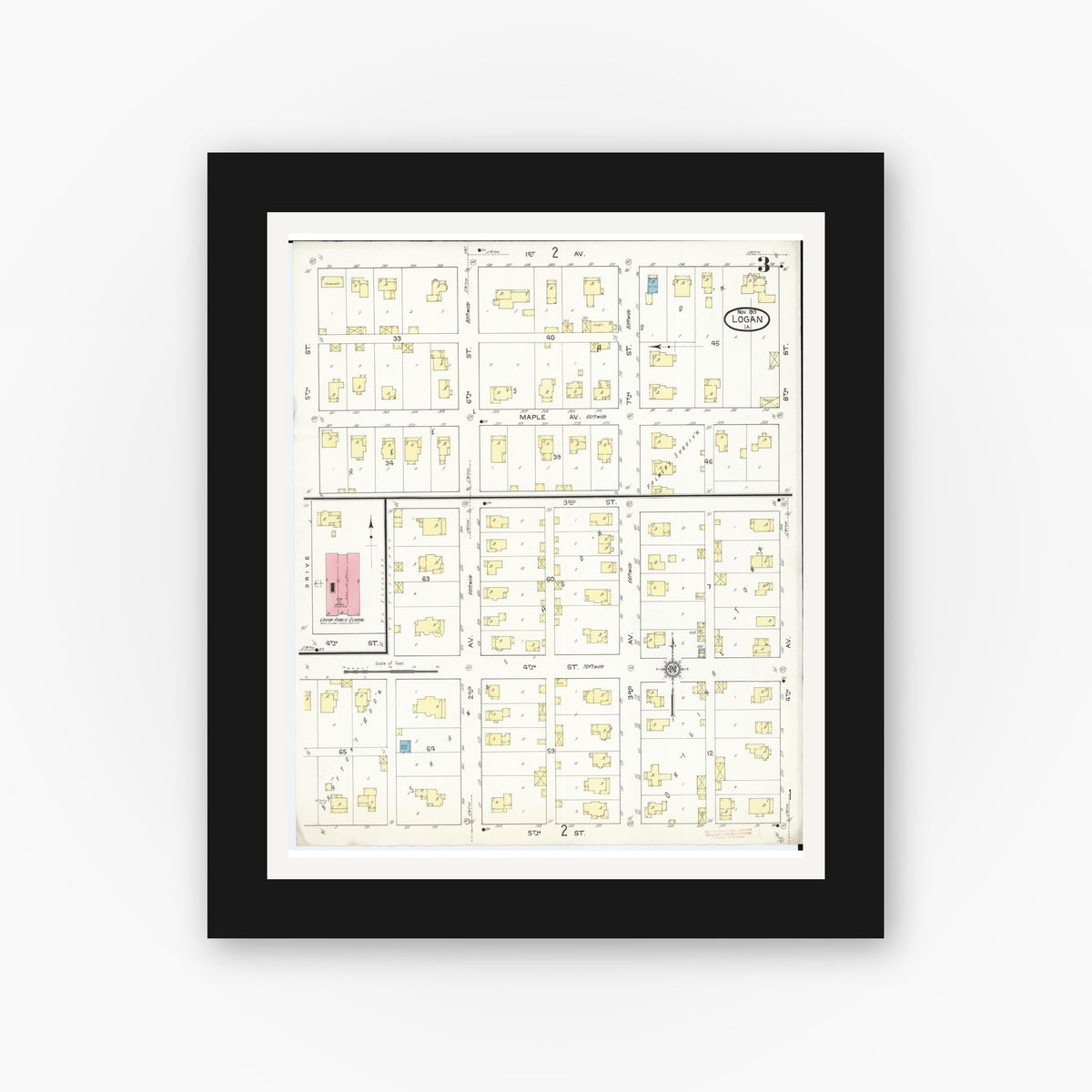 Old map wall art mockup — black gallery frame with white mat — Sanborn Fire Insurance Map from Logan, Harrison County, Iowa (1913), Sheet #0003