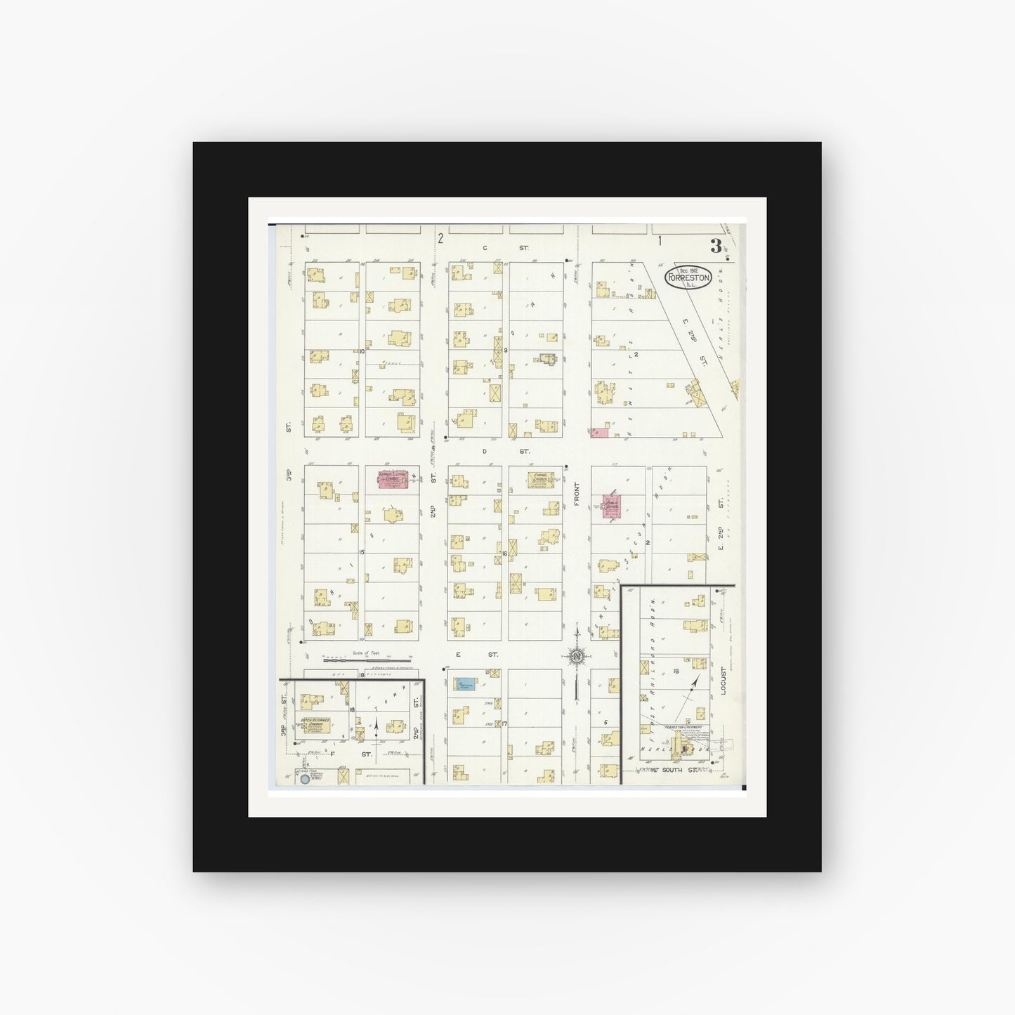 Old map wall art mockup — black gallery frame with white mat — Sanborn Fire Insurance Map from Forreston, Ogle County, Illinois (1912), Sheet #0003