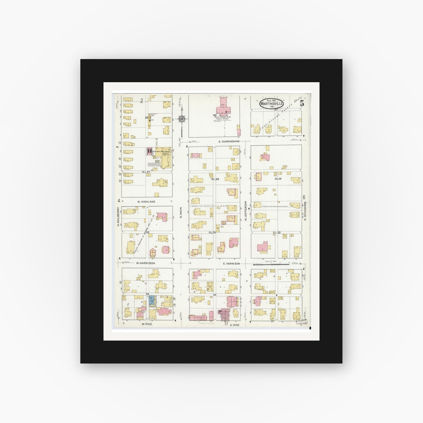 Old map wall art mockup — black gallery frame with white mat — Sanborn Fire Insurance Map from Martinsville, Morgan County, Indiana (1916), Sheet #0005