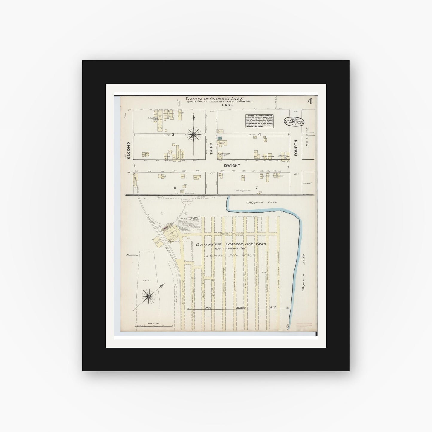 Old map wall art mockup — black gallery frame with white mat — Sanborn Fire Insurance Map from Stanton, Montcalm County, Michigan (1884), Sheet #0004