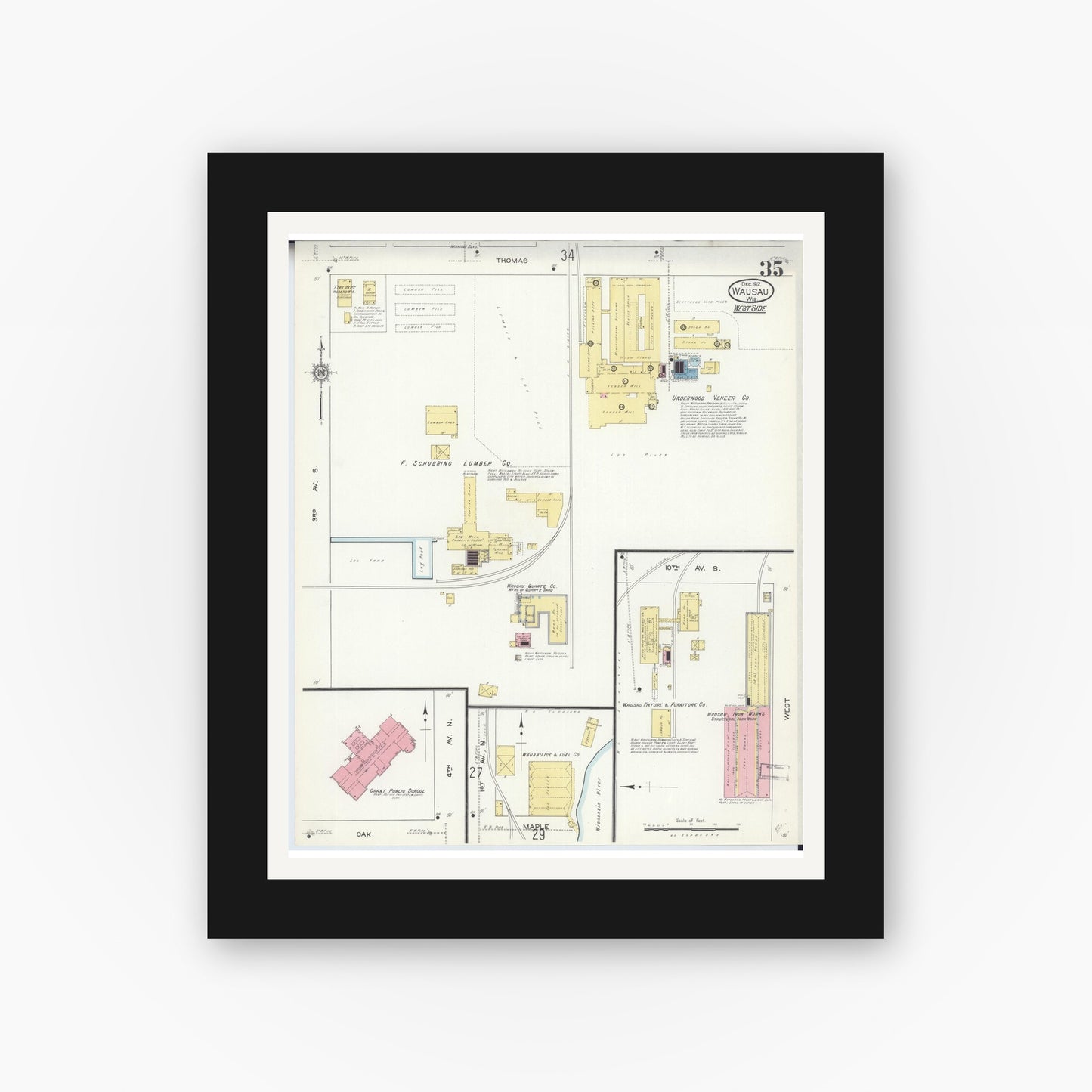 Old map wall art mockup — black gallery frame with white mat — Sanborn Fire Insurance Map from Wausau, Marathon County, Wisconsin (1912), Sheet #0035