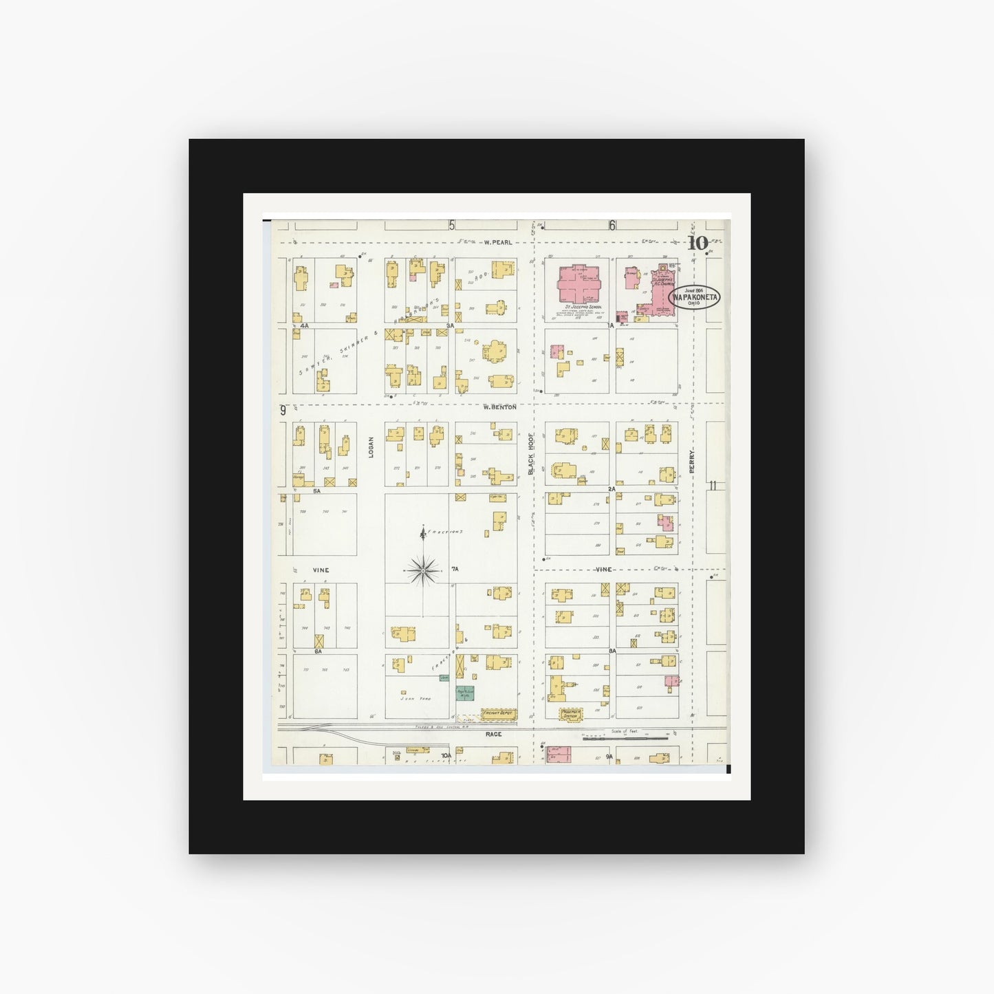 Old map wall art mockup — black gallery frame with white mat — Sanborn Fire Insurance Map from Wapakoneta, Auglaize County, Ohio (1904), Sheet #0010