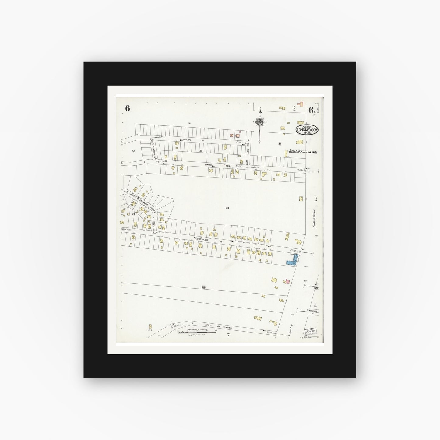 Old map wall art mockup — black gallery frame with white mat — Sanborn Fire Insurance Map from Longmeadow, Hampden County, Massachusetts (1924), Sheet #0006