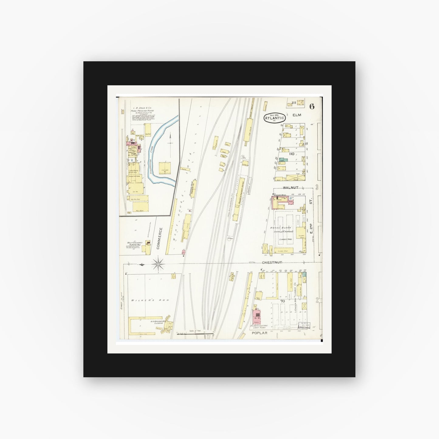 Old map wall art mockup — black gallery frame with white mat — Sanborn Fire Insurance Map from Atlantic, Cass County, Iowa (1893), Sheet #0006