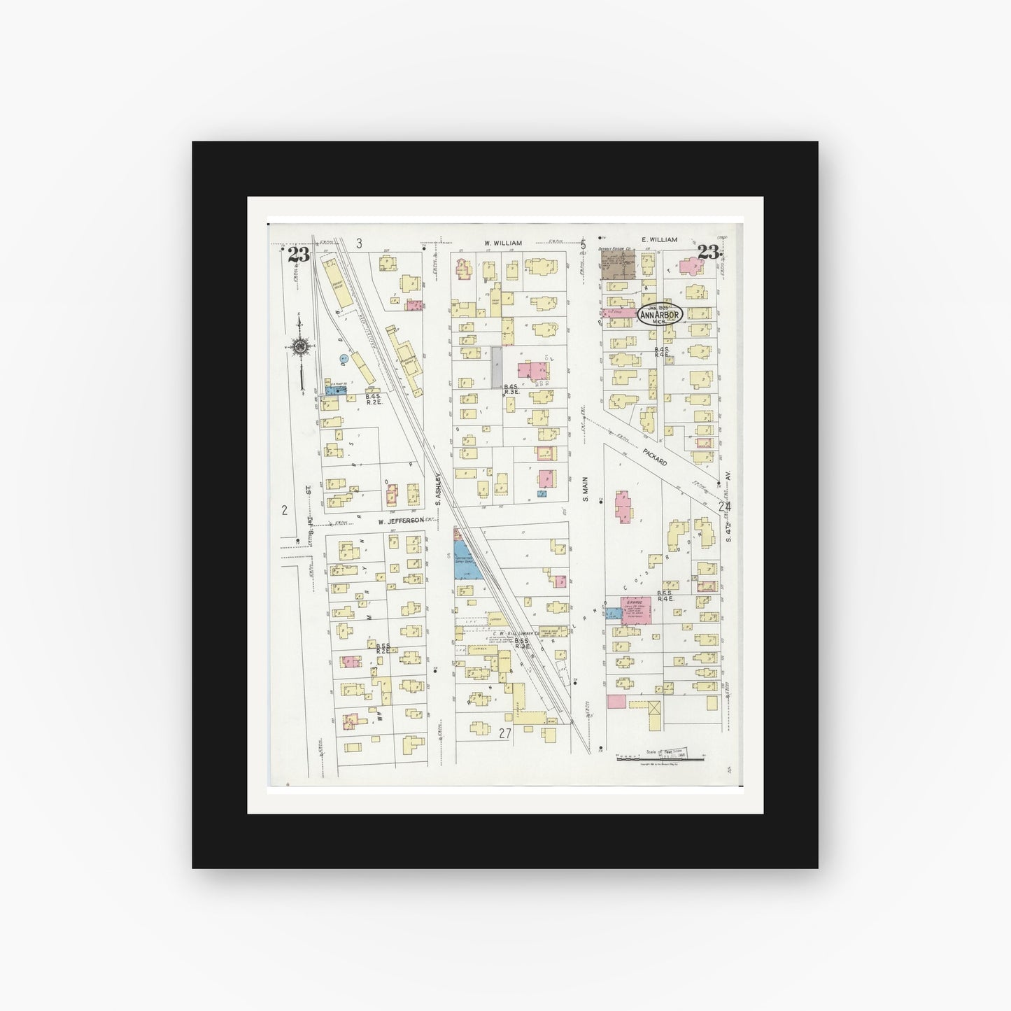 Old map wall art mockup — black gallery frame with white mat — Sanborn Fire Insurance Map from Ann Arbor, Washtenaw County, Michigan (1925), Sheet #0023