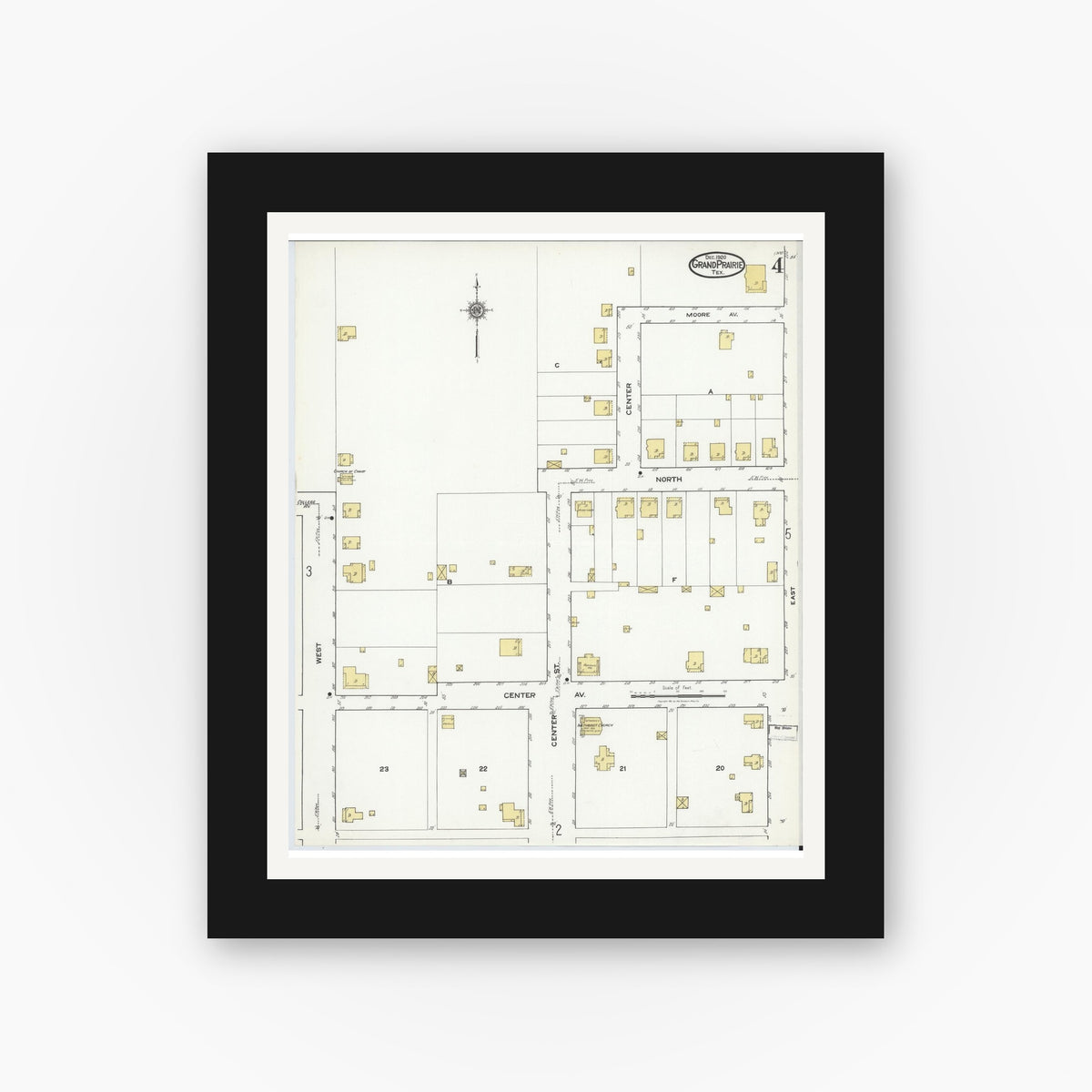 Old map wall art mockup — black gallery frame with white mat — Sanborn Fire Insurance Map from Grand Prairie, Dallas County, Texas (1920), Sheet #0004