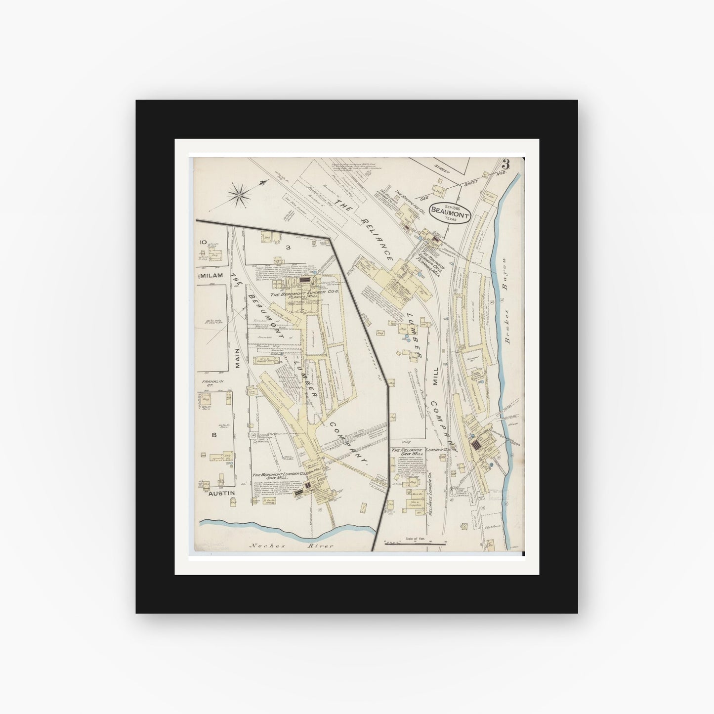 Old map wall art mockup — black gallery frame with white mat — Sanborn Fire Insurance Map from Beaumont, Jefferson County, Texas (1885), Sheet #0003