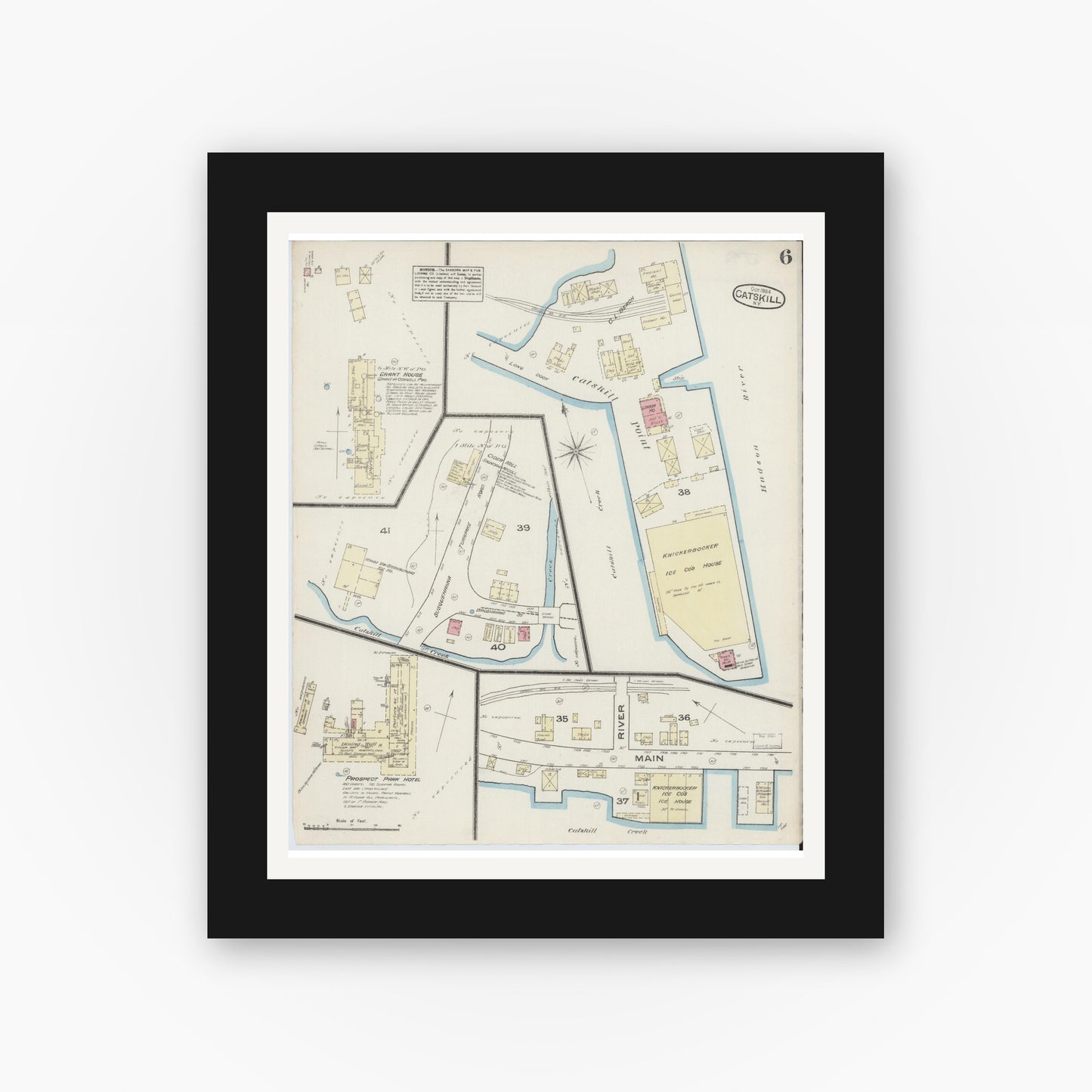 Old map wall art mockup — black gallery frame with white mat — Sanborn Fire Insurance Map from Catskill, Greene County, New York (1884), Sheet #0006