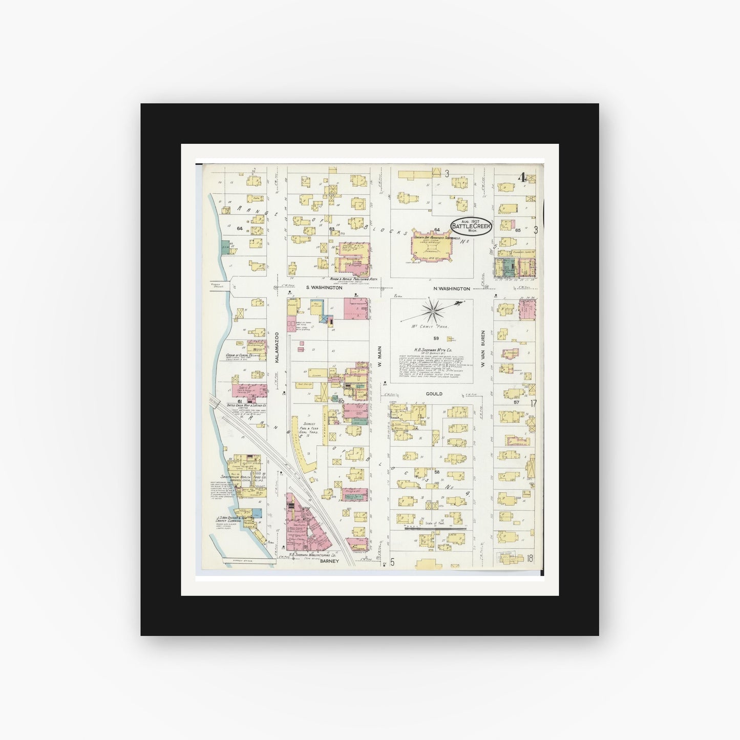 Old map wall art mockup — black gallery frame with white mat — Sanborn Fire Insurance Map from Battle Creek, Calhoun County, Michigan (1907), Sheet #0004