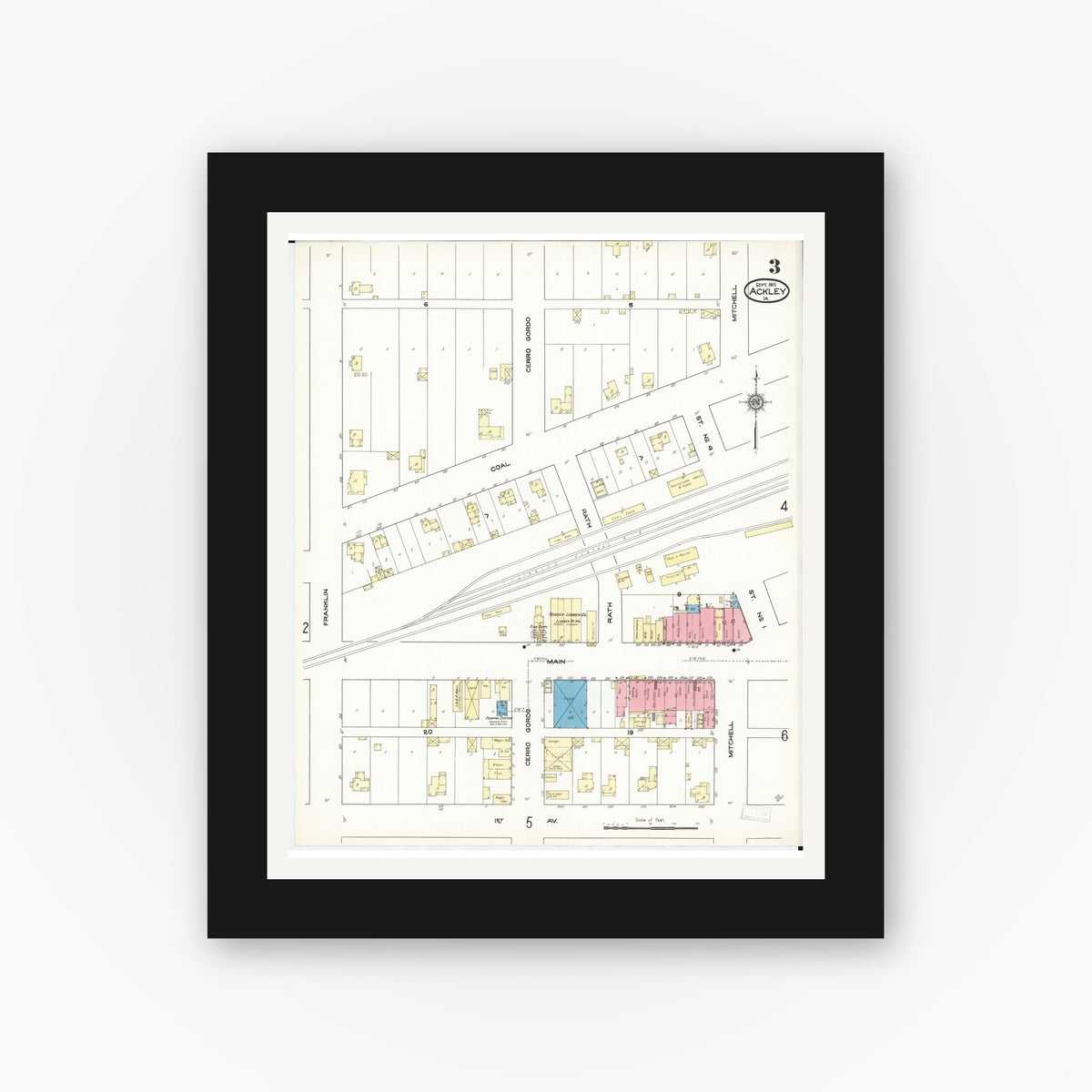 Old map wall art mockup — black gallery frame with white mat — Sanborn Fire Insurance Map from Ackley, Hardin and Franklin Counties, Iowa (1911), Sheet #0003