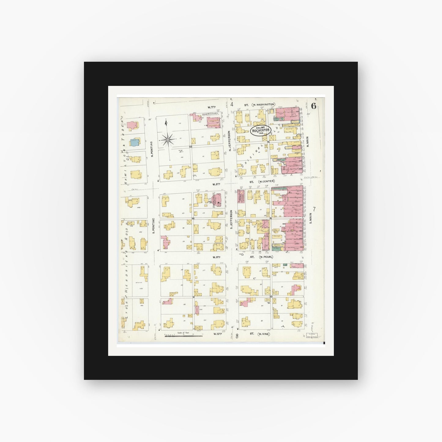 Old map wall art mockup — black gallery frame with white mat — Sanborn Fire Insurance Map from Rochester, Fulton County, Indiana (1907), Sheet #0006