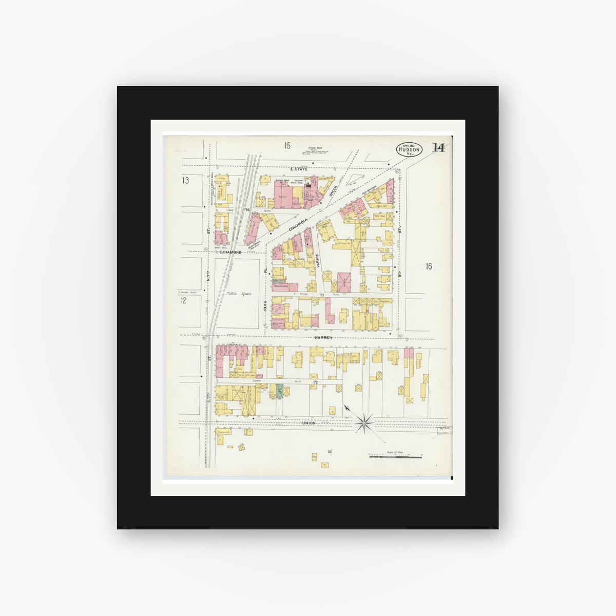 Old map wall art mockup — black gallery frame with white mat — Sanborn Fire Insurance Map from Hudson, Columbia County, New York (1903), Sheet #0014