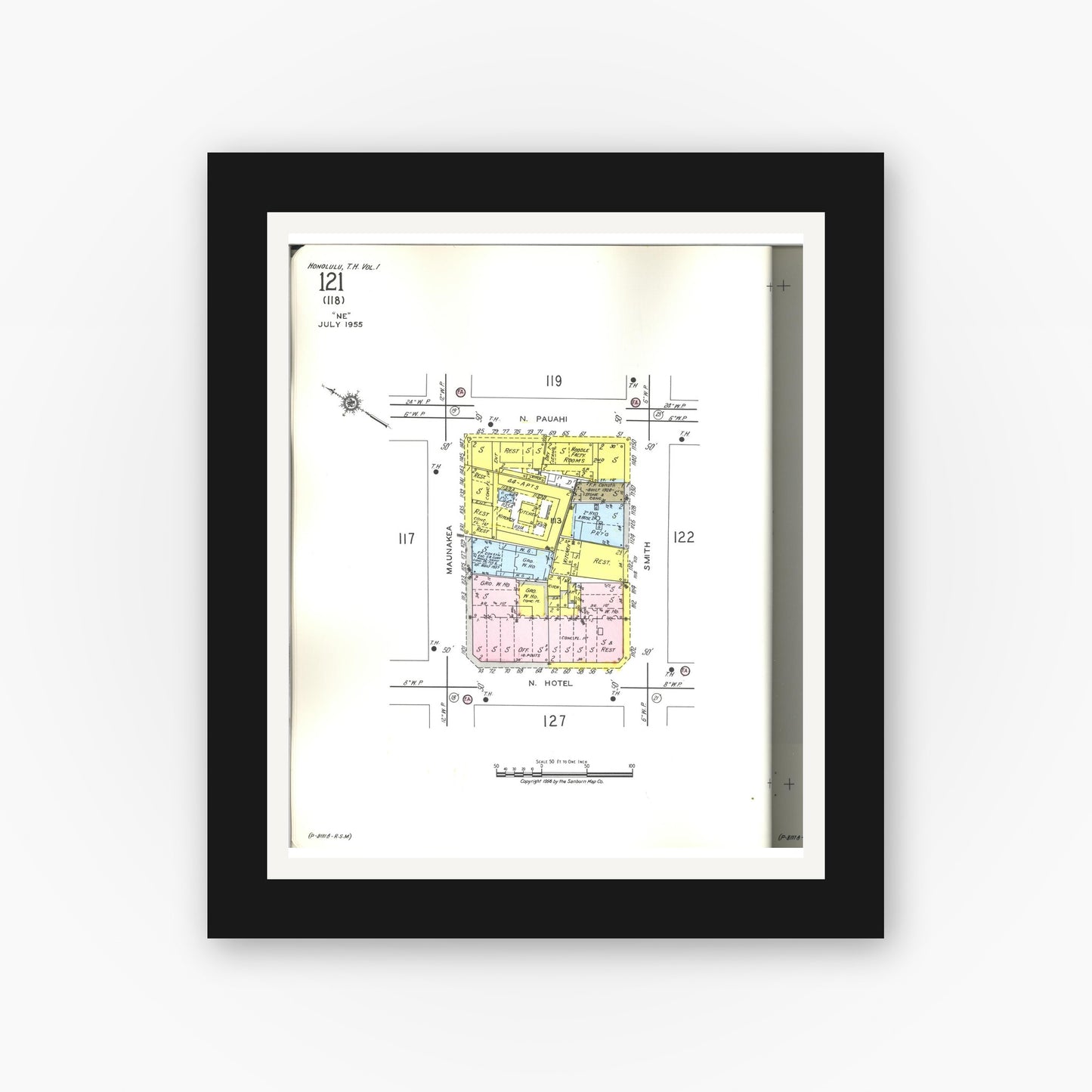 Old map wall art mockup — black gallery frame with white mat — Sanborn Fire Insurance Map from Honolulu, Oahu County, Hawaii (1955), Sheet #0121