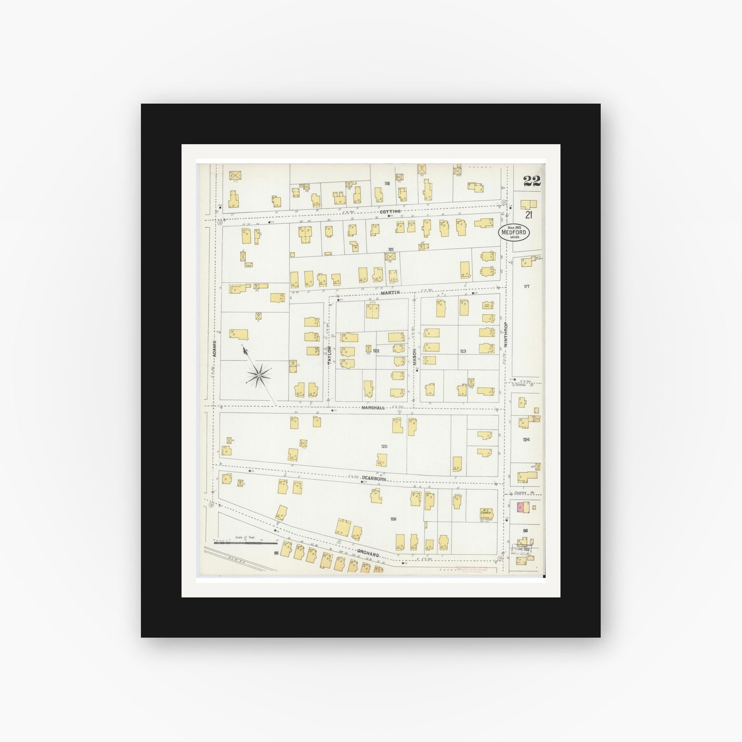 Old map wall art mockup — black gallery frame with white mat — Sanborn Fire Insurance Map from Medford, Middlesex County, Massachusetts (1903), Sheet #0022