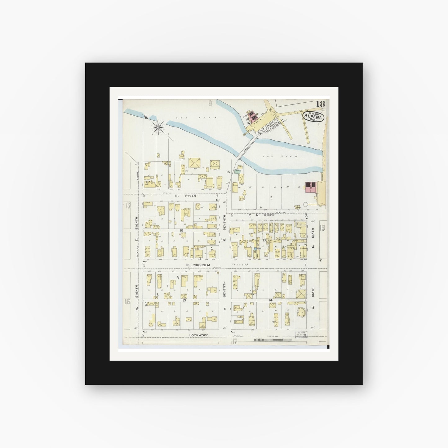 Old map wall art mockup — black gallery frame with white mat — Sanborn Fire Insurance Map from Alpena, Alpena County, Michigan (1895), Sheet #0018