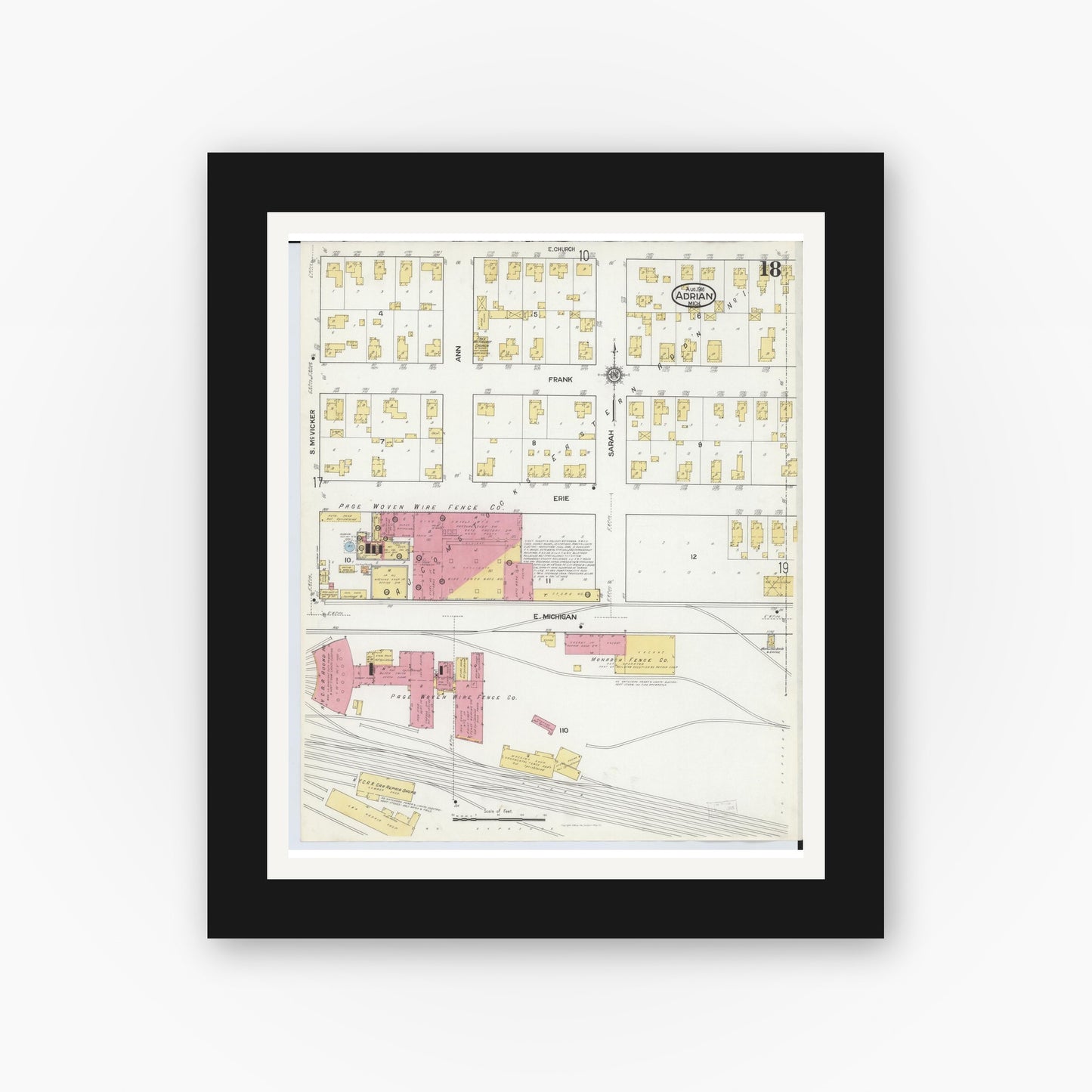 Old map wall art mockup — black gallery frame with white mat — Sanborn Fire Insurance Map from Adrian, Lenawee County, Michigan (1916), Sheet #0018