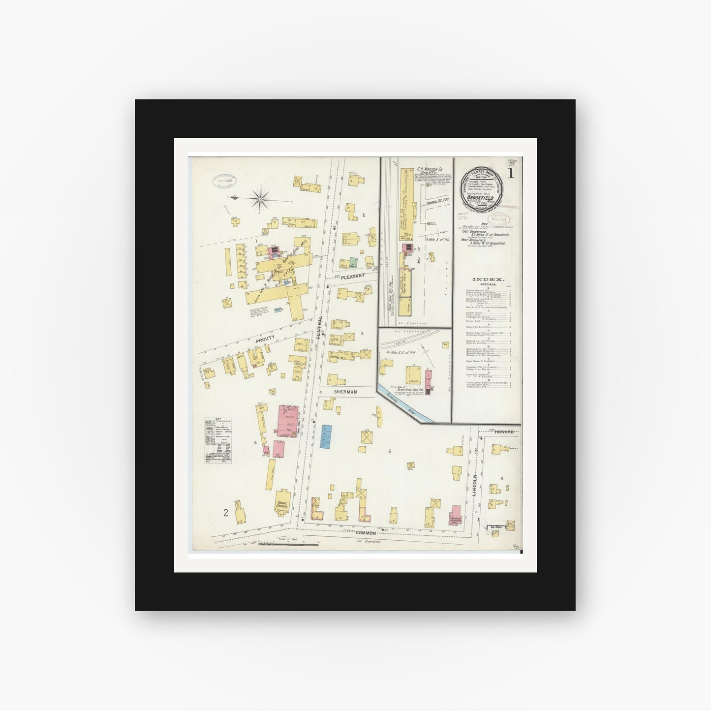 Old map wall art mockup — black gallery frame with white mat — Sanborn Fire Insurance Map from Brookfield, Worcester County, Massachusetts (1898), Sheet #0001