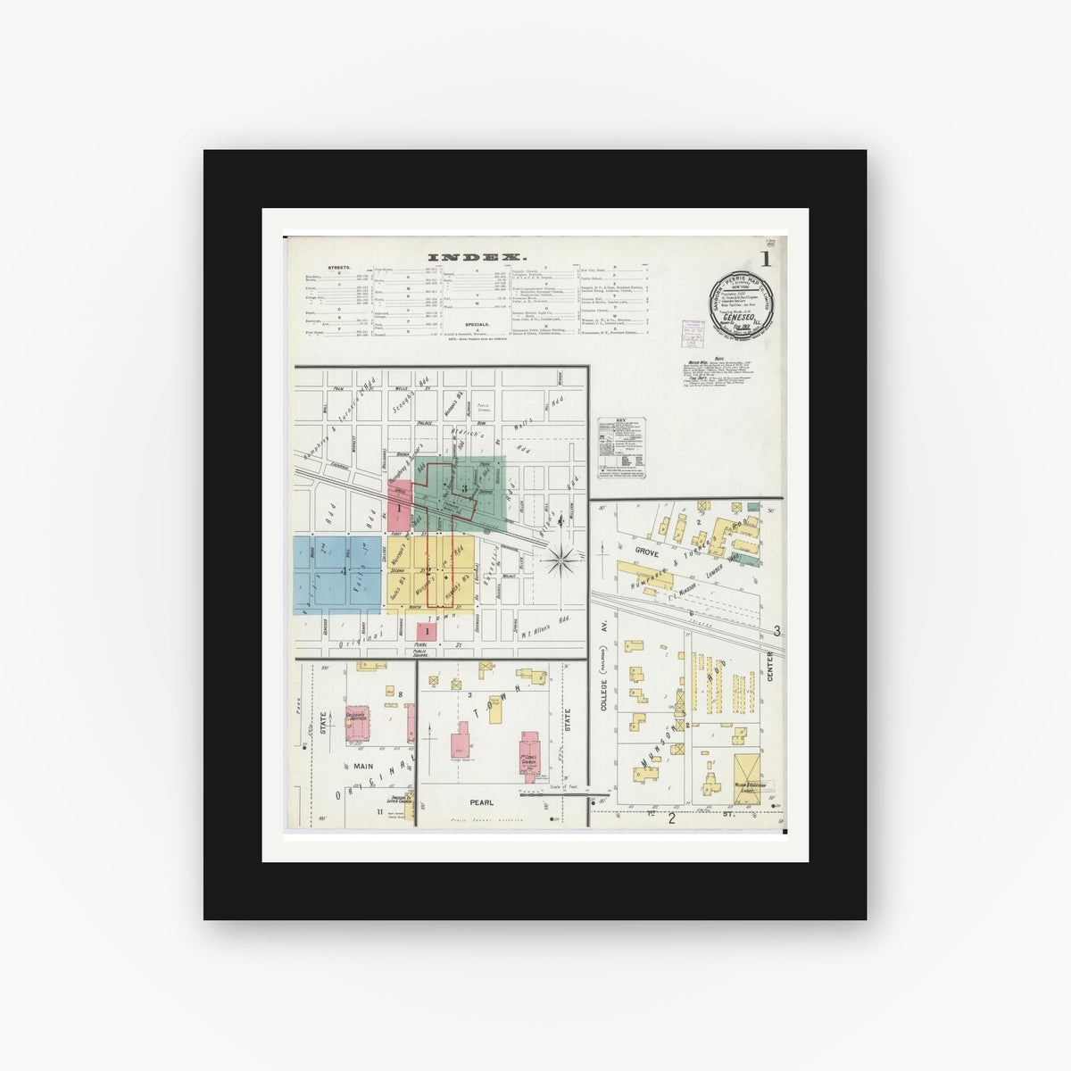Old map wall art mockup — black gallery frame with white mat — Sanborn Fire Insurance Map from Geneseo, Henry County, Illinois (1901) - Complete Map Set