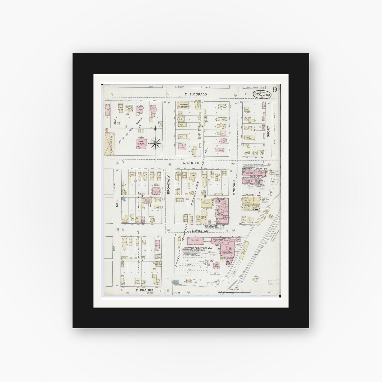 Old map wall art mockup — black gallery frame with white mat — Sanborn Fire Insurance Map from Decatur, Macon County, Illinois (1887), Sheet #0009
