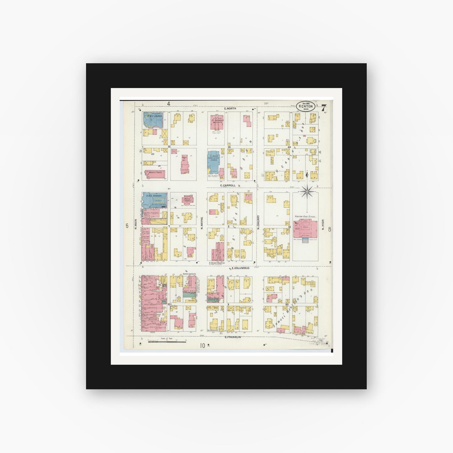 Old map wall art mockup — black gallery frame with white mat — Sanborn Fire Insurance Map from Kenton, Hardin County, Ohio (1902), Sheet #0007