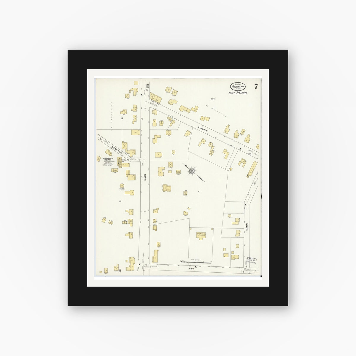 Old map wall art mockup — black gallery frame with white mat — Sanborn Fire Insurance Map from Medway, Norfolk County, Massachusetts (1910), Sheet #0007