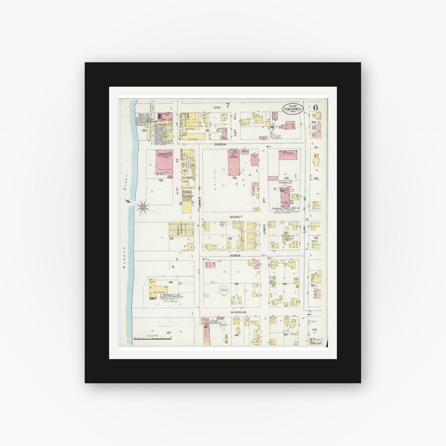 Old map wall art mockup — black gallery frame with white mat — Sanborn Fire Insurance Map from Vincennes, Knox County, Indiana (1897), Sheet #0006