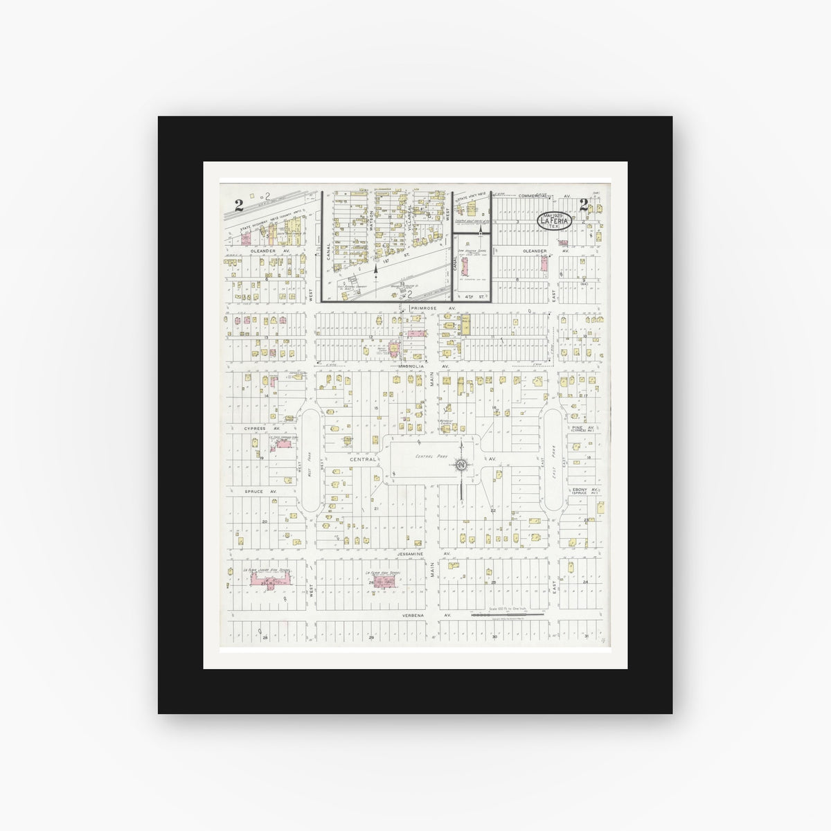 Old map wall art mockup — black gallery frame with white mat — Sanborn Fire Insurance Map from La Feria, Cameron County, Texas (1929), Sheet #0002