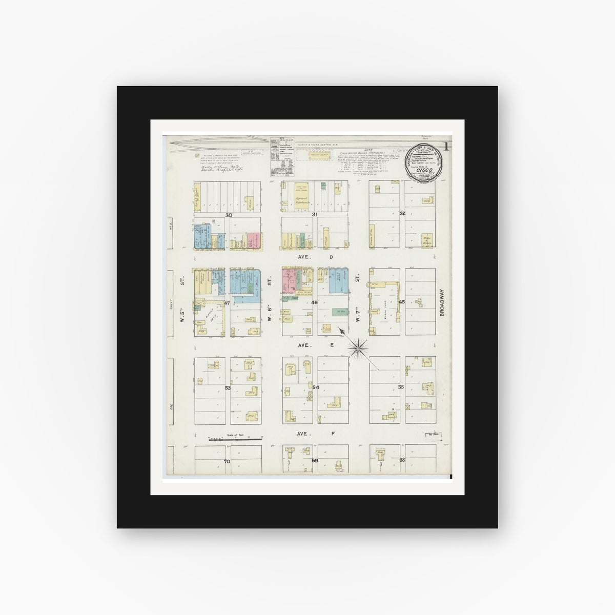 Old map wall art mockup — black gallery frame with white mat — Sanborn Fire Insurance Map from Cisco, Eastland County, Texas (1891) - Complete Map Set