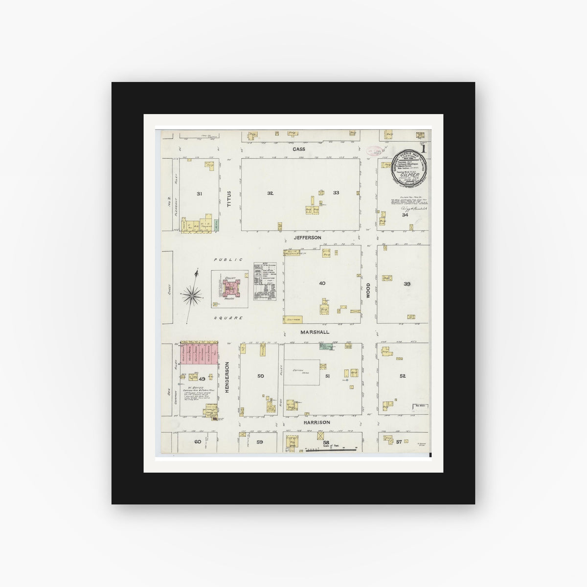 Old map wall art mockup — black gallery frame with white mat — Sanborn Fire Insurance Map from Gilmer, Upshur County, Texas (1891), Sheet #0001