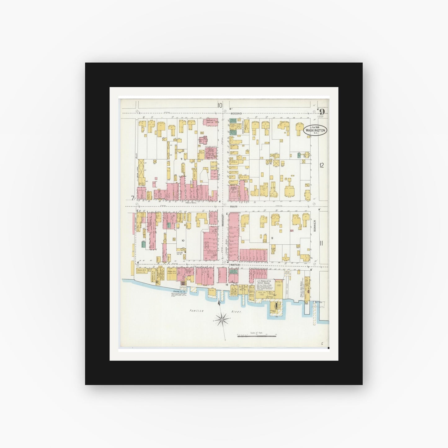 Old map wall art mockup — black gallery frame with white mat — Sanborn Fire Insurance Map from Washington, Beaufort County, North Carolina (1904), Sheet #0009