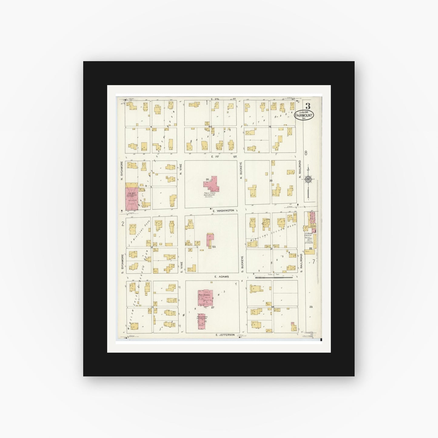 Old map wall art mockup — black gallery frame with white mat — Sanborn Fire Insurance Map from Fairmount, Grant County, Indiana (1916), Sheet #0003