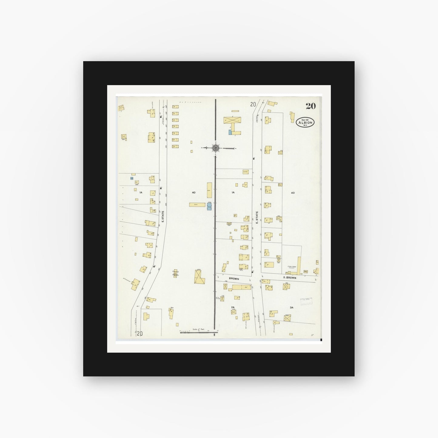Old map wall art mockup — black gallery frame with white mat — Sanborn Fire Insurance Map from Albion, Orleans County, New York (1911), Sheet #0020