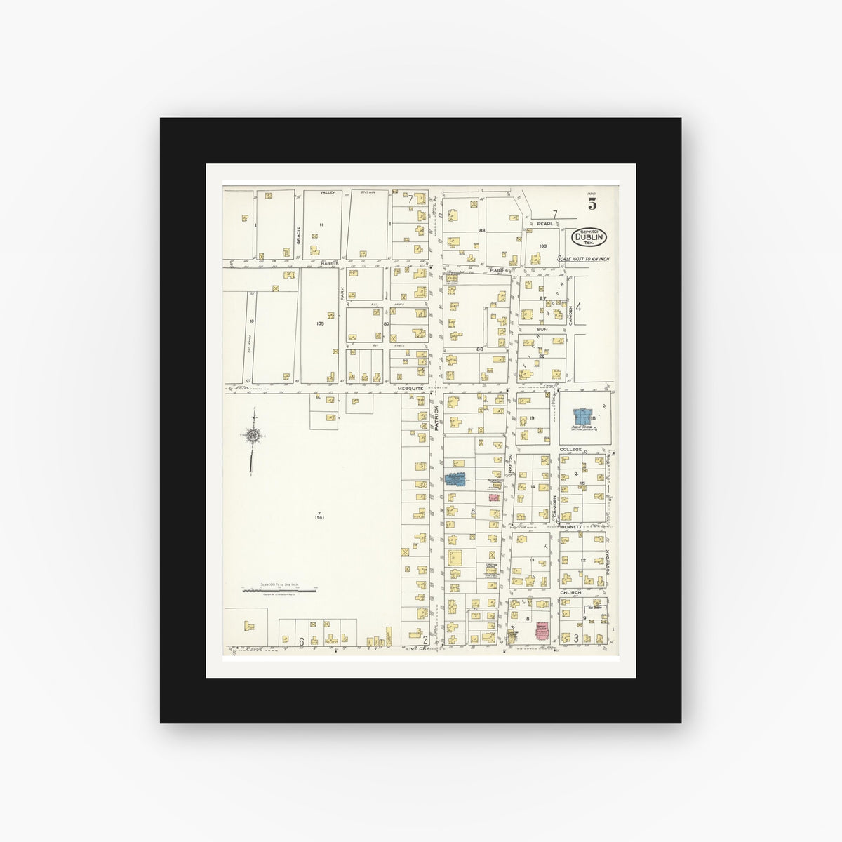 Old map wall art mockup — black gallery frame with white mat — Sanborn Fire Insurance Map from Dublin, Erath County, Texas (1921), Sheet #0005