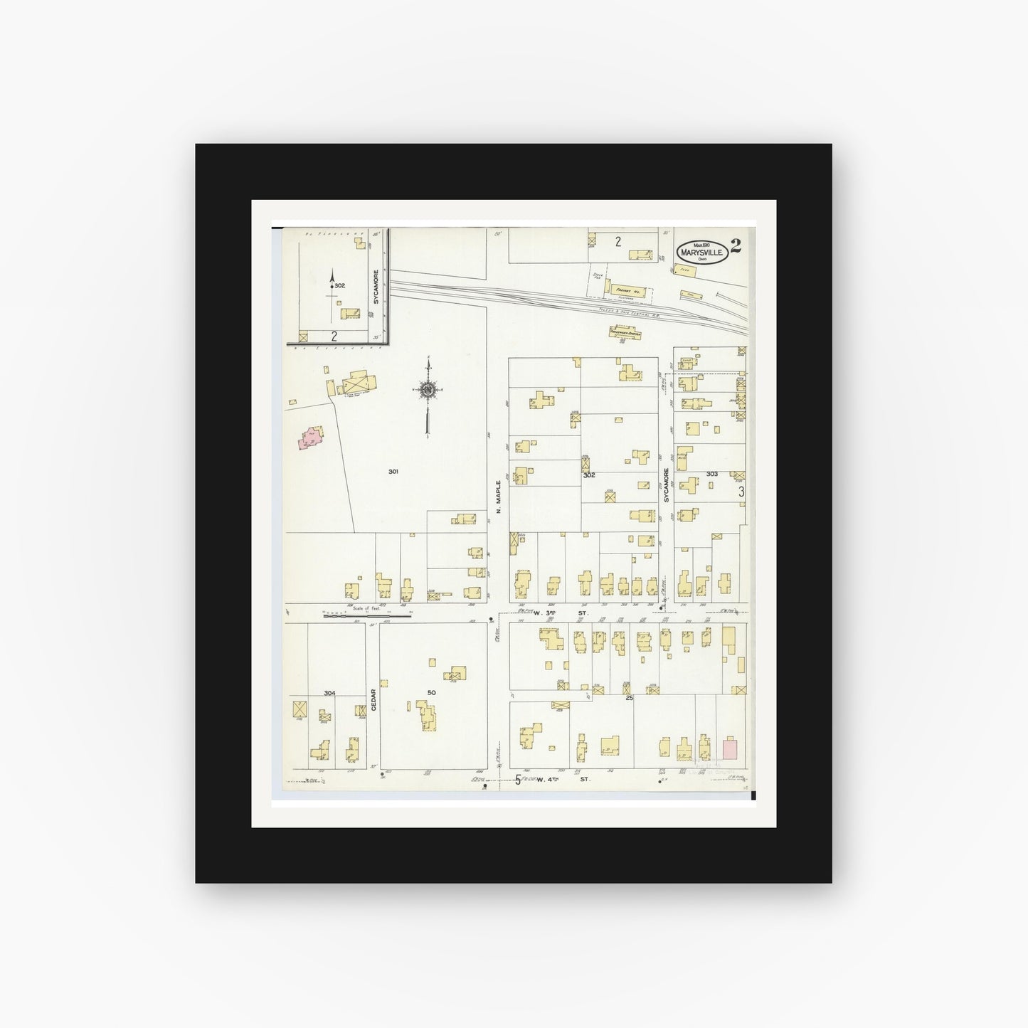 Old map wall art mockup — black gallery frame with white mat — Sanborn Fire Insurance Map from Marysville, Union County, Ohio (1910), Sheet #0002