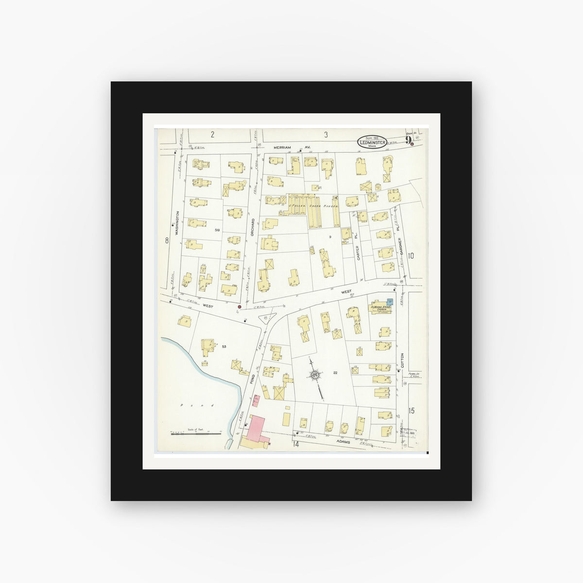 Old map wall art mockup — black gallery frame with white mat — Sanborn Fire Insurance Map from Leominster, Worcester County, Massachusetts (1912), Sheet #0009
