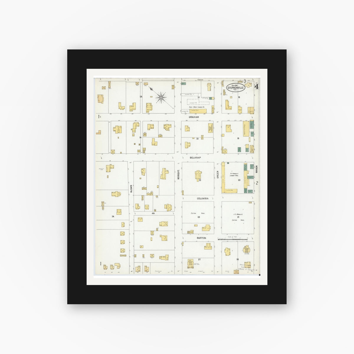 Old map wall art mockup — black gallery frame with white mat — Sanborn Fire Insurance Map from Stephenville, Erath County, Texas (1902), Sheet #0004