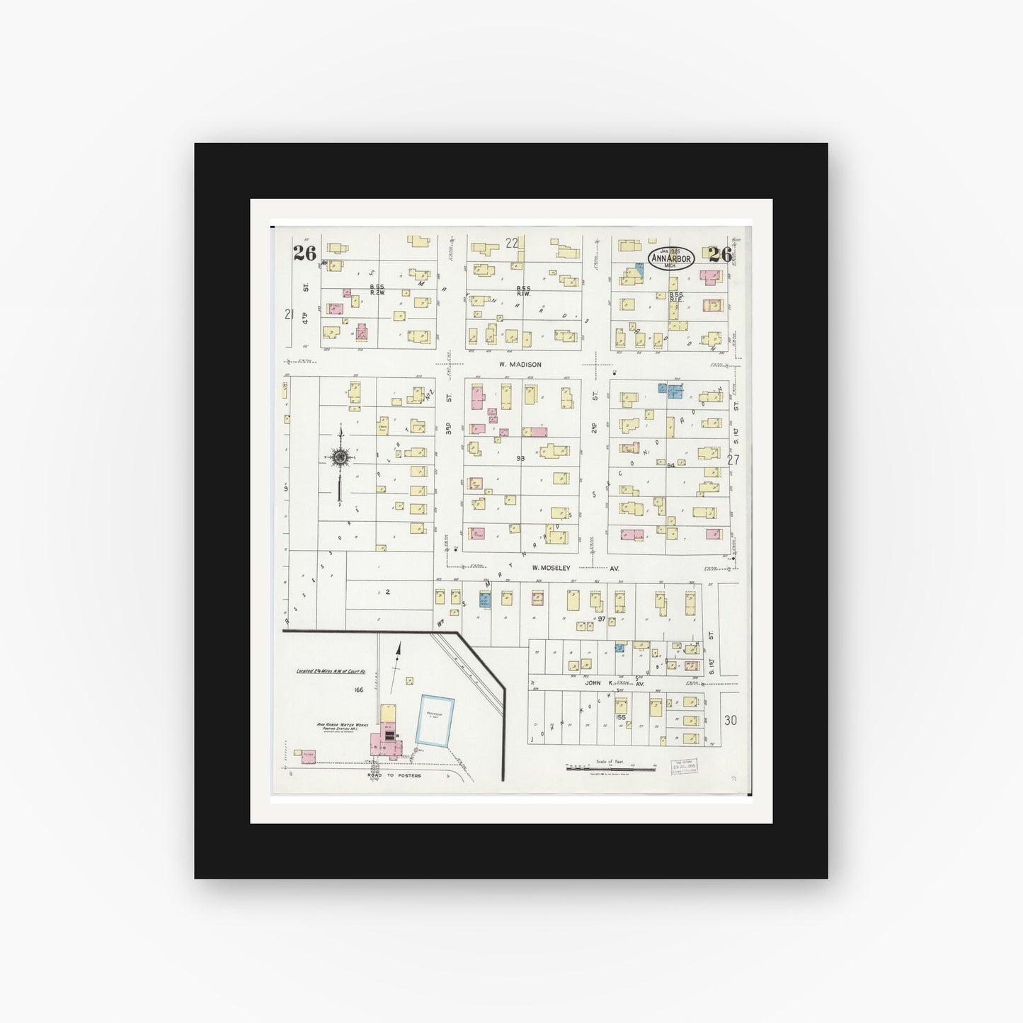Old map wall art mockup — black gallery frame with white mat — Sanborn Fire Insurance Map from Ann Arbor, Washtenaw County, Michigan (1925), Sheet #0026
