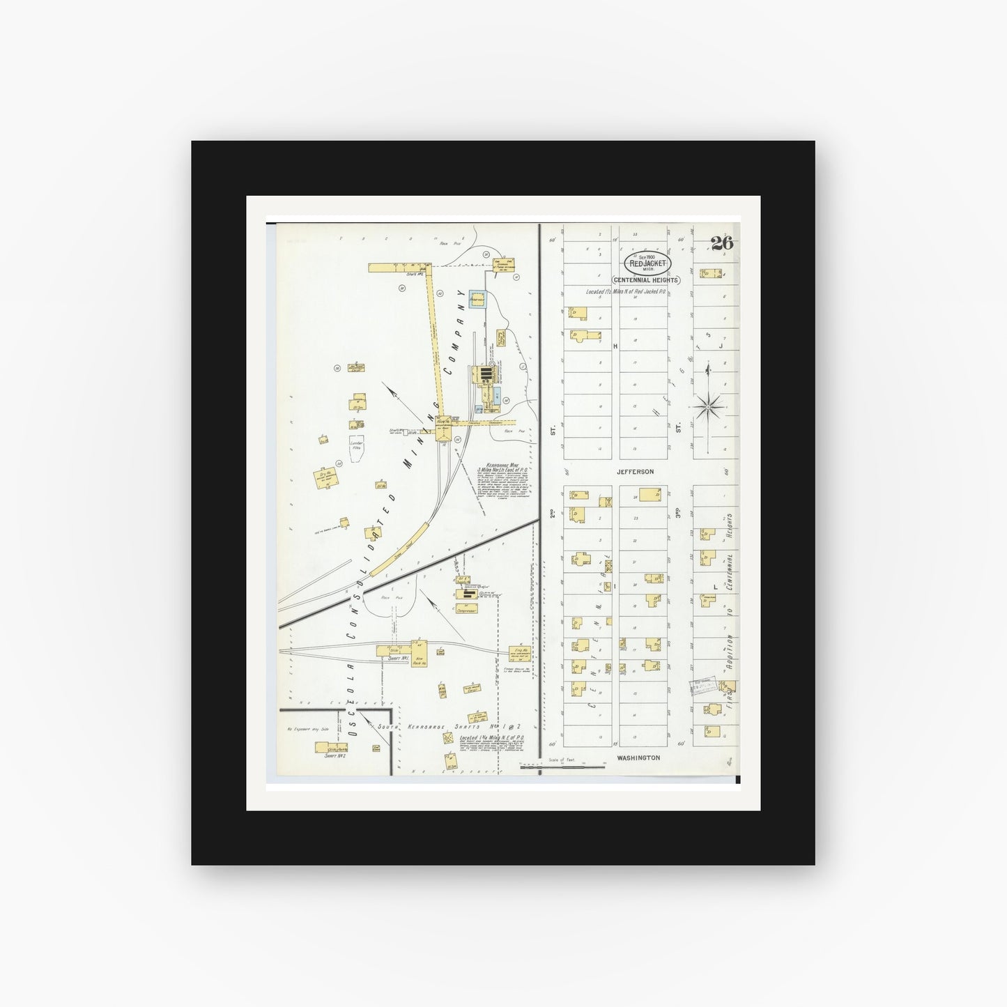 Old map wall art mockup — black gallery frame with white mat — Sanborn Fire Insurance Map from Red Jacket, Houghton County, Michigan (1900), Sheet #0026