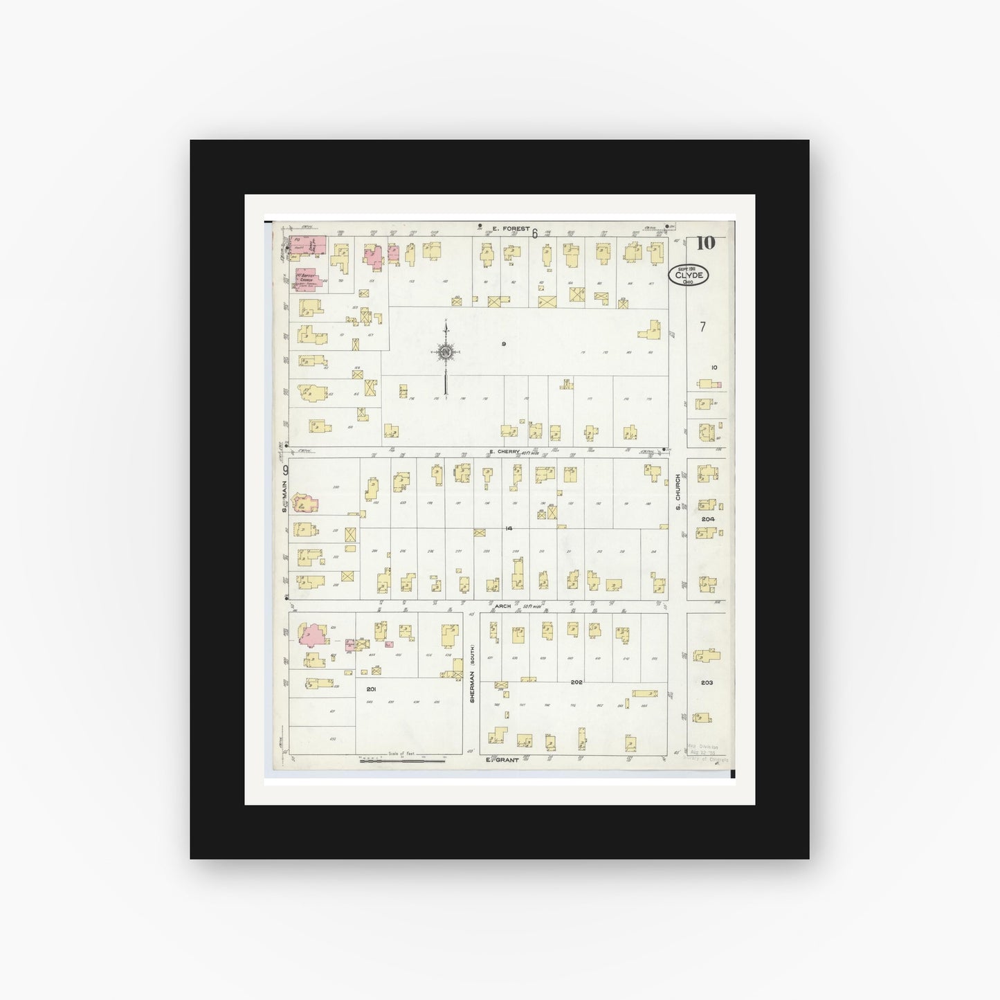 Old map wall art mockup — black gallery frame with white mat — Sanborn Fire Insurance Map from Clyde, Sandusky County, Ohio (1911), Sheet #0010