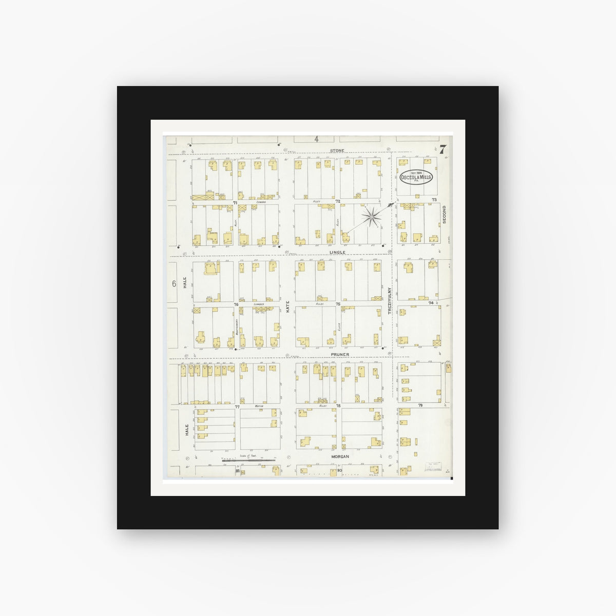 Old map wall art mockup — black gallery frame with white mat — Sanborn Fire Insurance Map from Osceola Mills, Clearfield County, Pennsylvania (1904), Sheet #0007