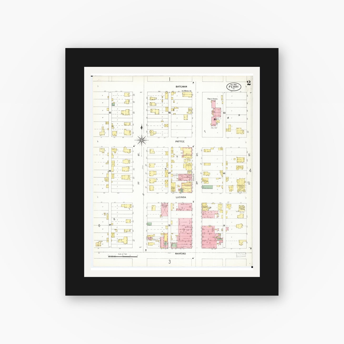 Old map wall art mockup — black gallery frame with white mat — Sanborn Fire Insurance Map from Perry, Dallas County, Iowa (1900), Sheet #0002